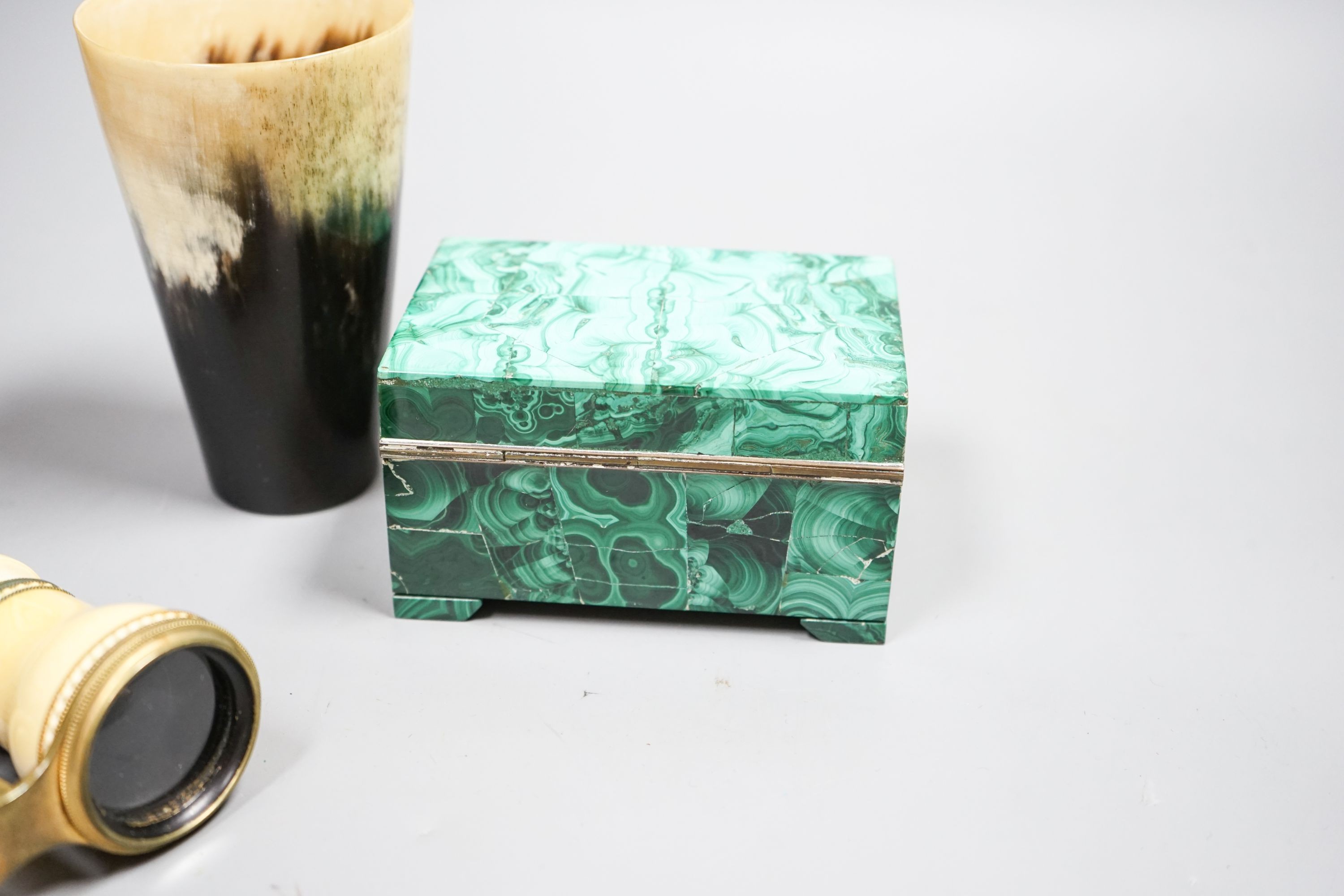 A malachite box, snuff box, miser purse etc, patent leather case, opera glasses